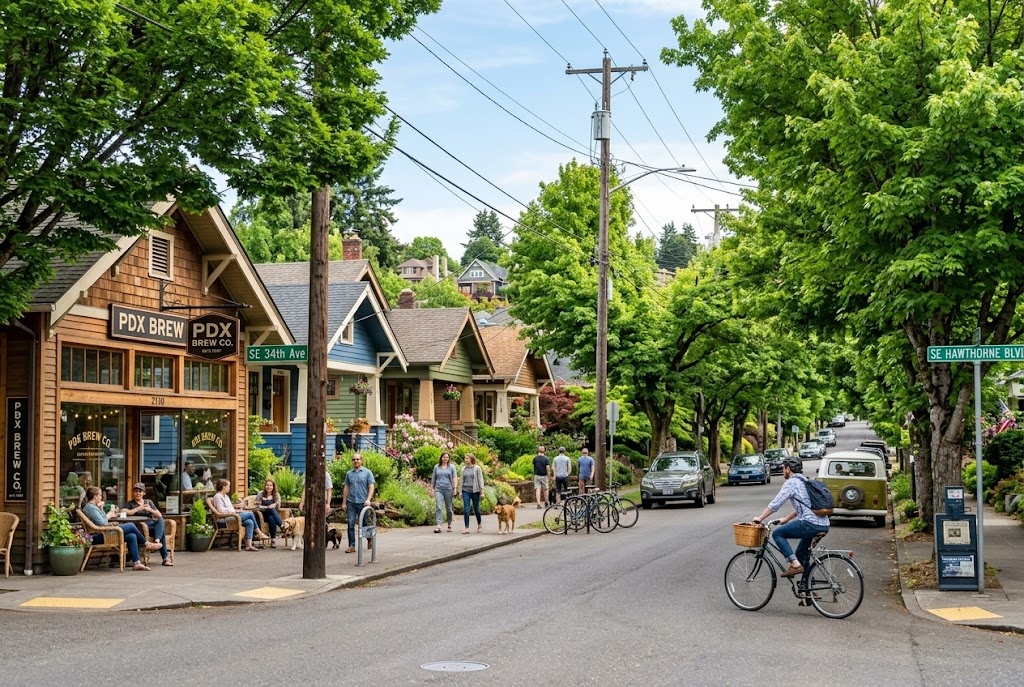 A walkable Portland neighborhood street lined with historic Craftsman bungalows and lush trees.