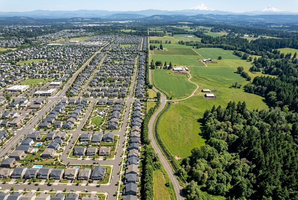 Aerial view of an Oregon Urban Growth Boundary separating residential housing from farmland