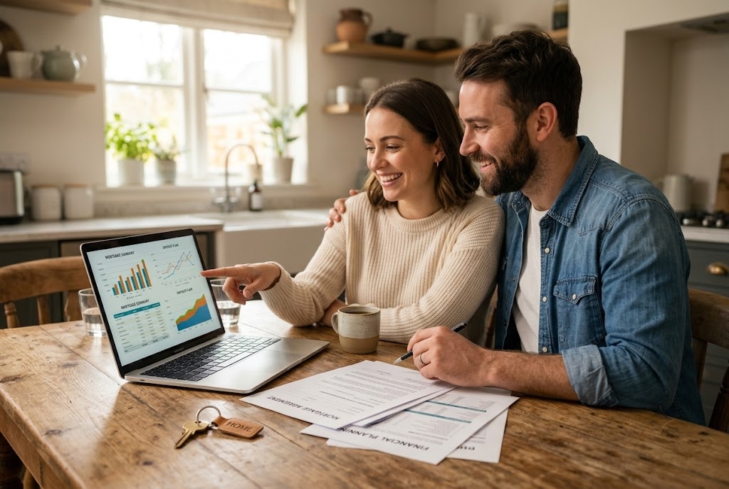 Couple reviewing mortgage financing documents and household budget in their new home