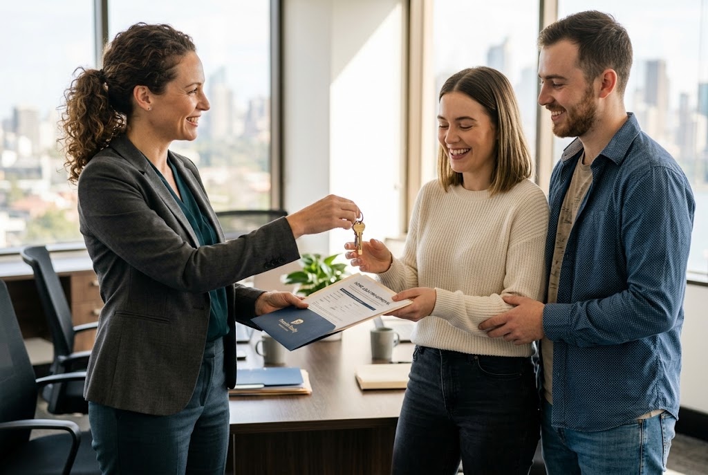 First time homebuyer receiving loan approval documents and house keys in Oregon