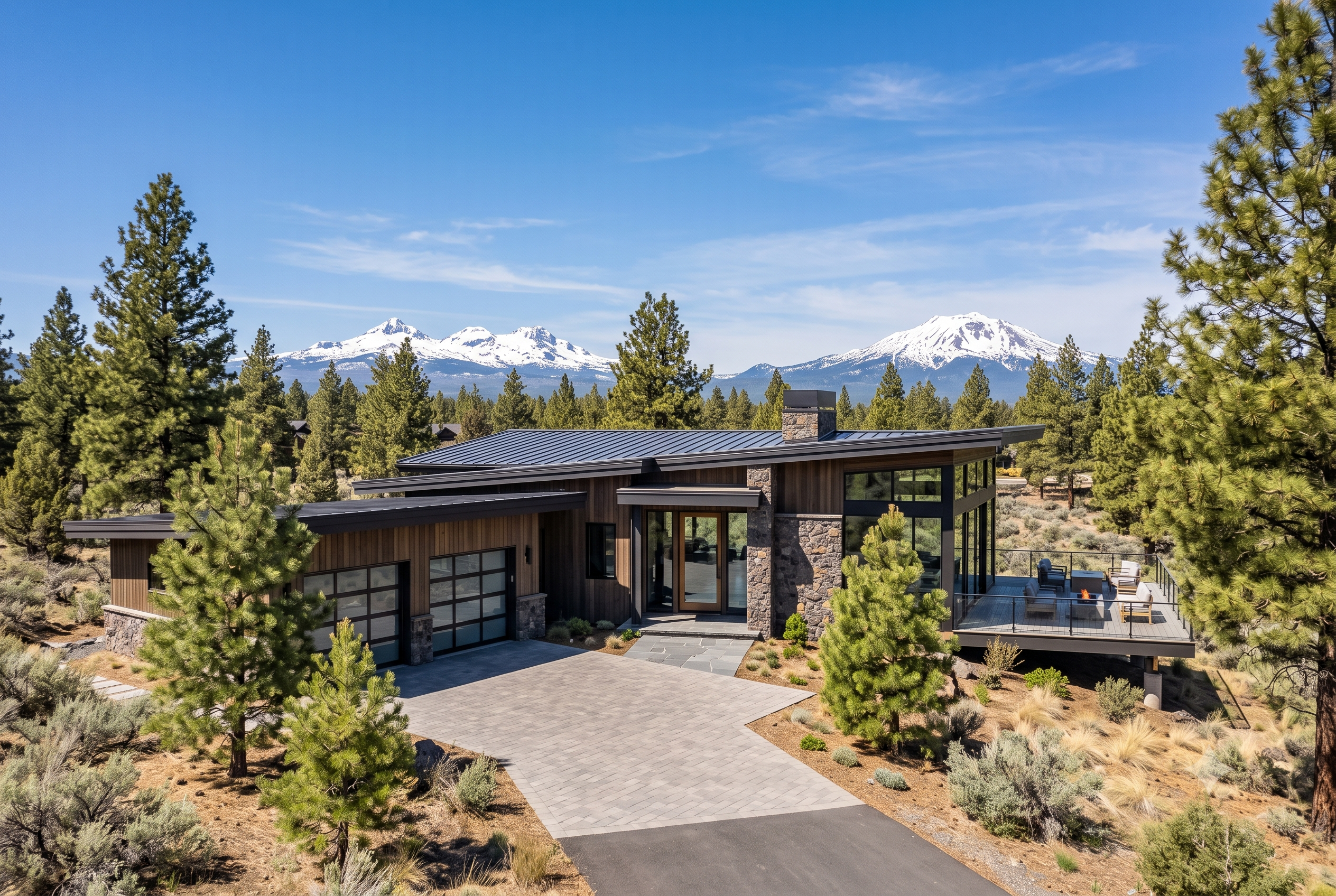 A modern mountain house entrance with the address 735.