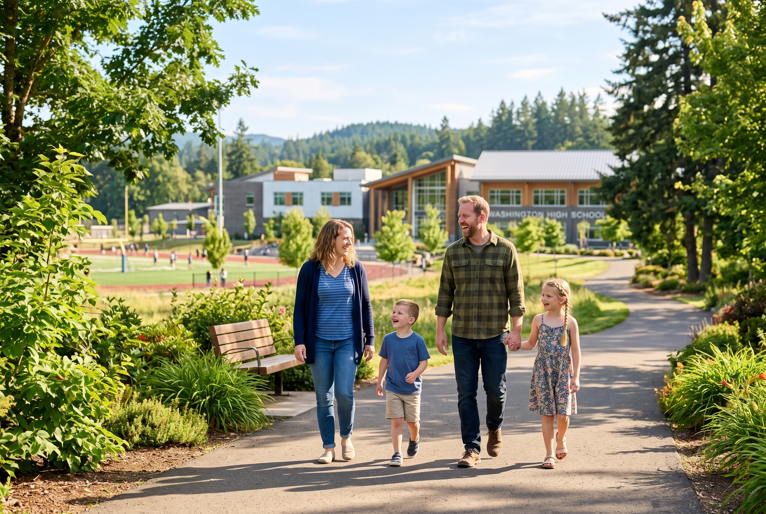 Parents walking with children near an Oregon public school park