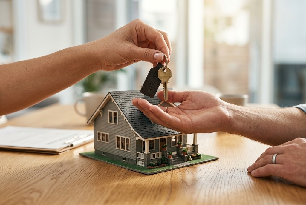 Real estate buyer receiving house keys next to a miniature house model