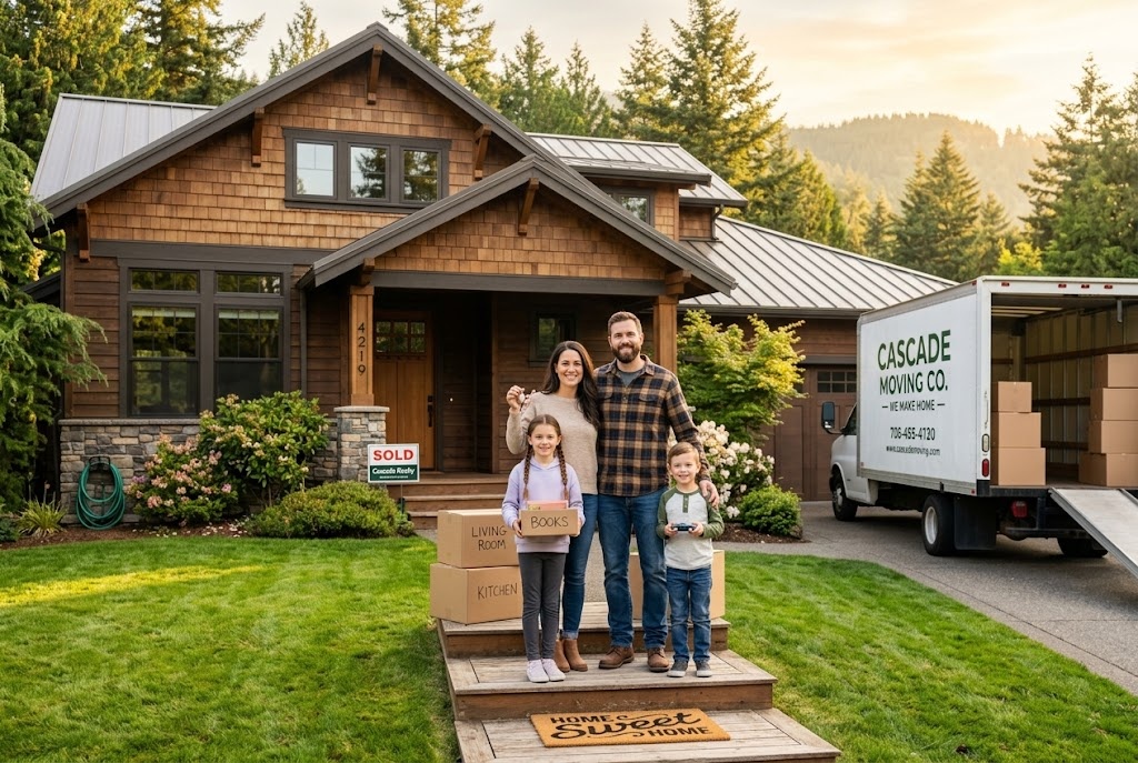 A happy family standing outside their new modern craftsman home.