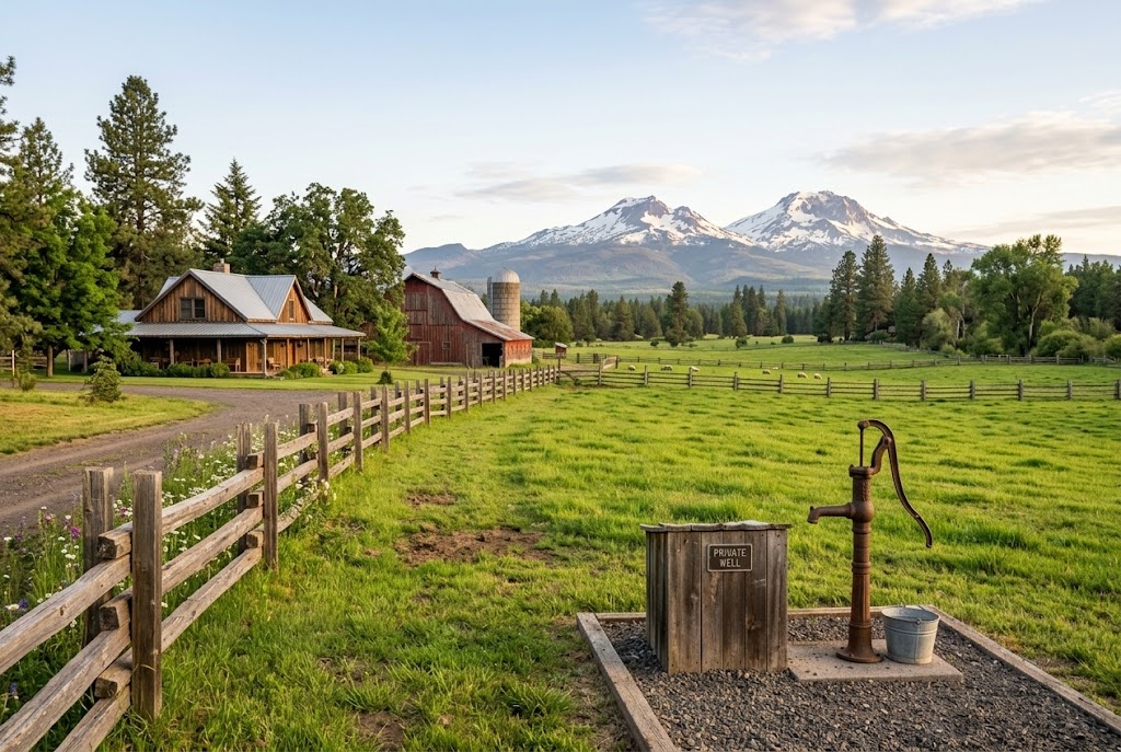 Rural Oregon acreage property with green pasture and mountain backdrop